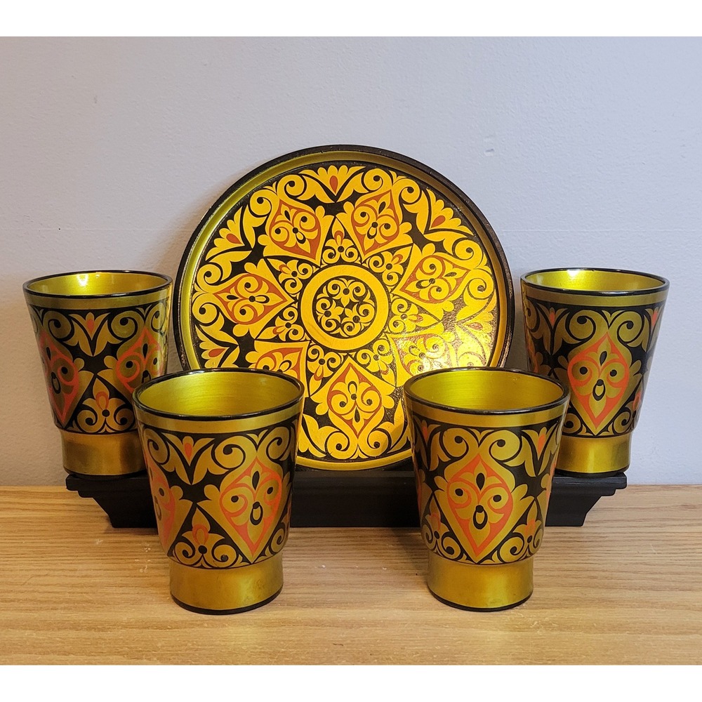 Vintage 1984 USSR Agidel Ufa Ayran Goblet Set Lacquered Soviet Folk Art Tray 5pc